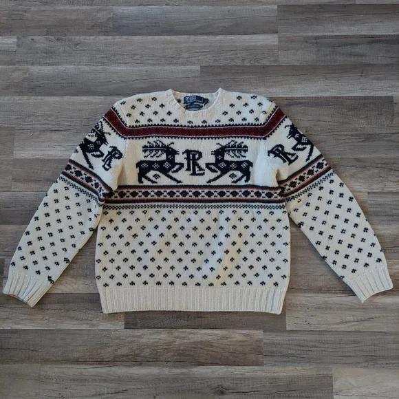 SOLD Vintage Polo Ralph Lauren Reindeer Holiday Ski Sweater Large - Picture 2 of 9